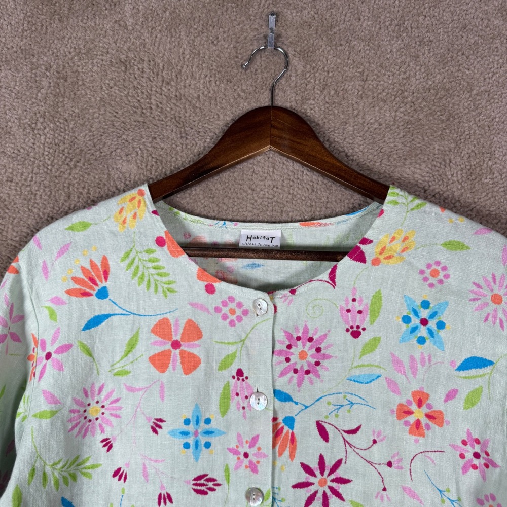 Habitat Button Front Top Womens Small Green Floral Linen 3/4 Sleeve Lagenlook - Picture 3 of 10